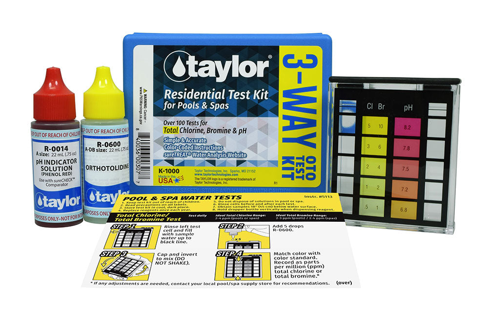 Taylor Residential Basic Bromine, Chlorine (Hi Range) and OT/pH Test Kit .75 Oz. - K-1000
