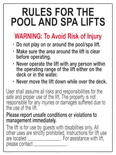 Rules for Pool and Spa Lift - 18 x 24 Inches on Styrene Plastic (Customize or Leave Blank)