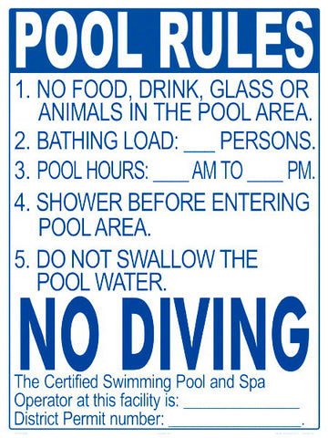 District of Columbia Pool Rules for Diving Pools Sign - 18 x 24 Inches on Styrene Plastic (Customize or Leave Blank)