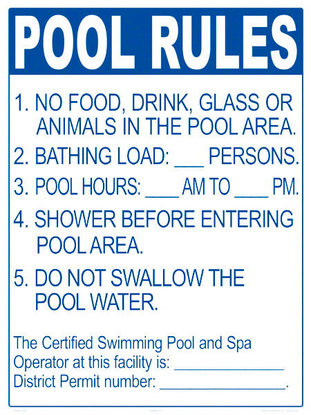 District of Columbia Pool Rules for No Diving Pools Sign - 18 x 24 Inches on Styrene Plastic (Customize or Leave Blank)