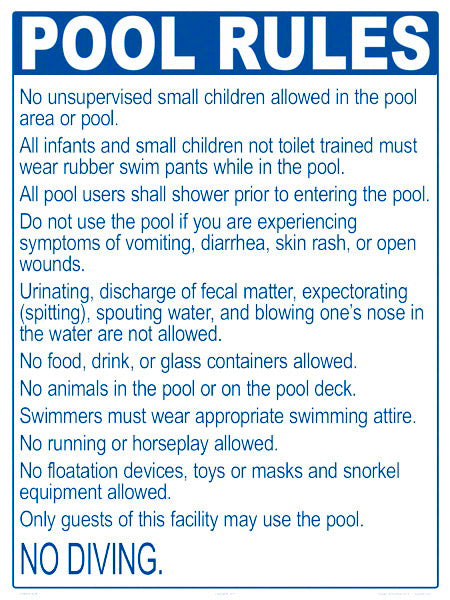 Maine Pool Rules for No Diving Pools Sign - 18 x 24 Inches on Heavy-Duty Aluminum