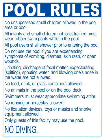 Maine Pool Rules for No Diving Pools Sign - 18 x 24 Inches on Styrene Plastic