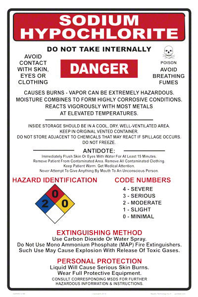Sodium Hypochlorite Danger Instruction Sign - 12 x 18 Inches on Heavy-Duty Aluminum