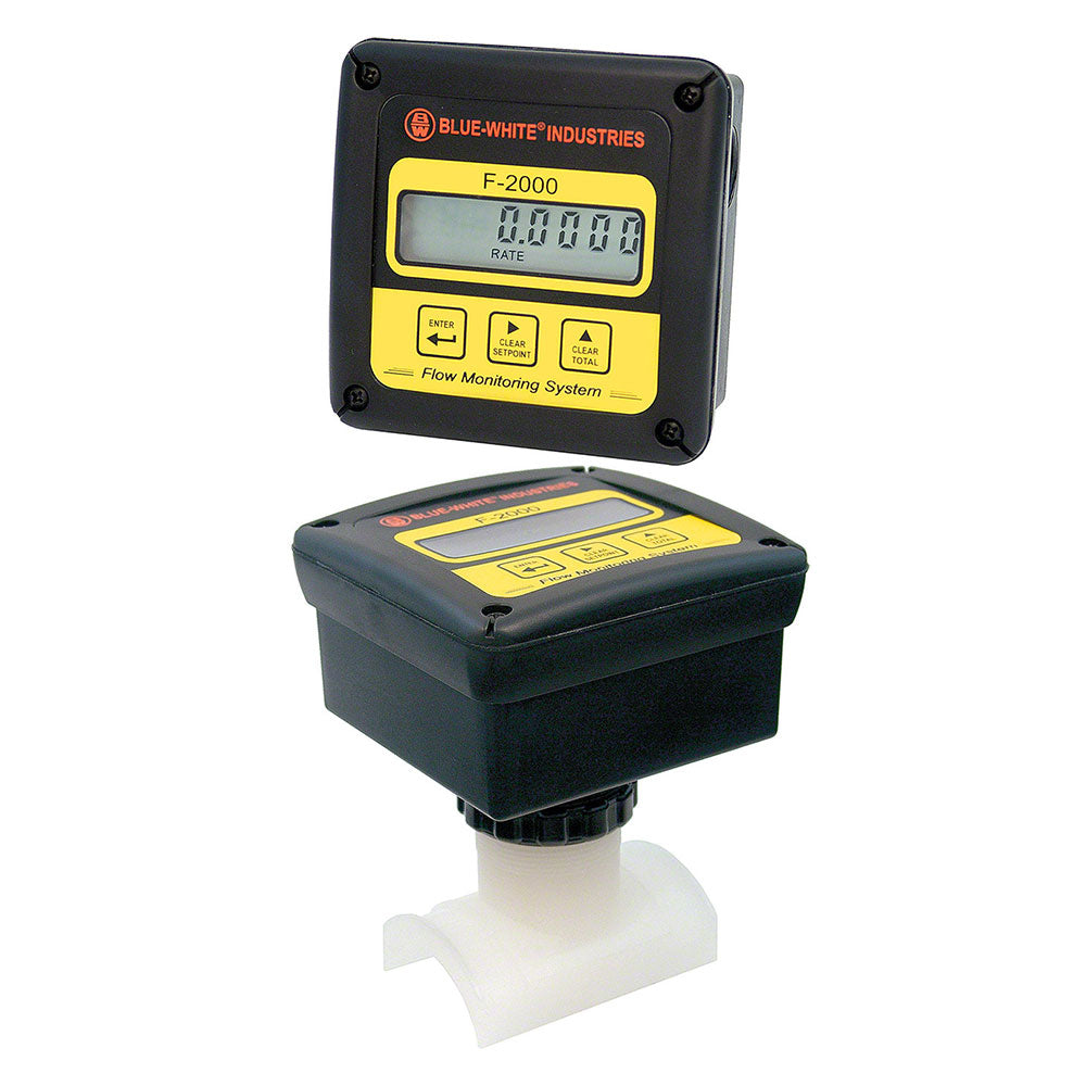 F-2000RTP Digital Paddlewheel Flow Meter With Mount Kit - 1.5 Inch Sch 40 PVDF Saddle Mount - Battery 15-150 GPM Remote