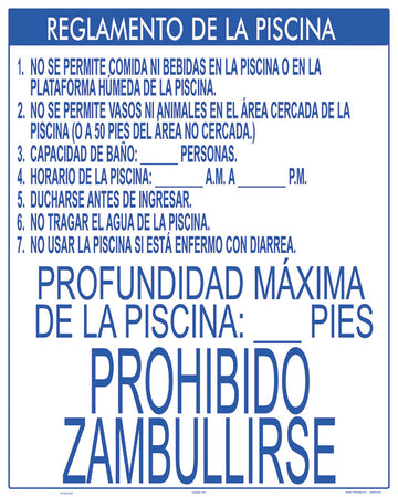Florida Pool Rules for No Diving Pools Sign in Spanish - 24 x 30 Inches on Heavy-Duty Aluminum (Customize or Leave Blank)