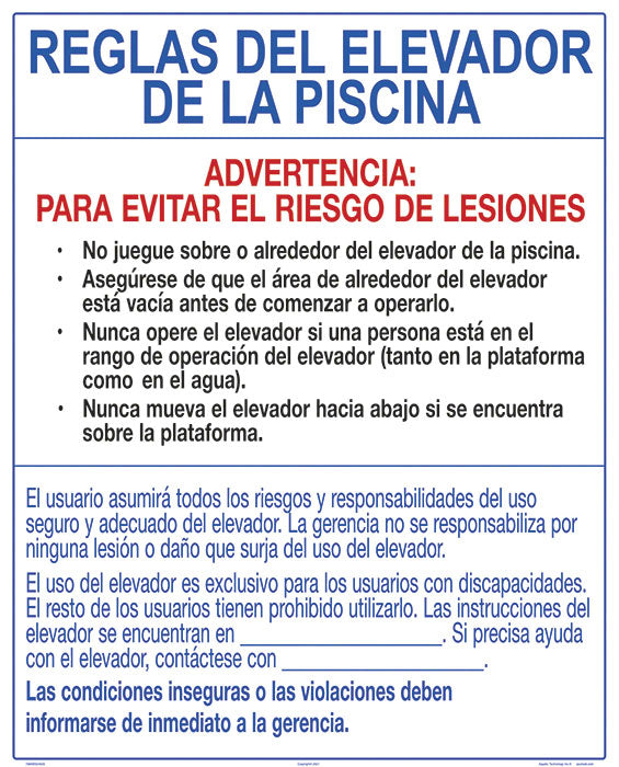 Rules for Pool Lift Sign in Spanish - 24 x 30 Inches on Heavy-Duty Aluminum (Customize or Leave Blank)