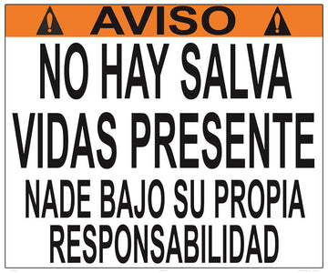 South Carolina No Lifeguard Swim at Your Own Risk Warning Sign - 36 x 30 Inches on Styrene Plastic - Spanish