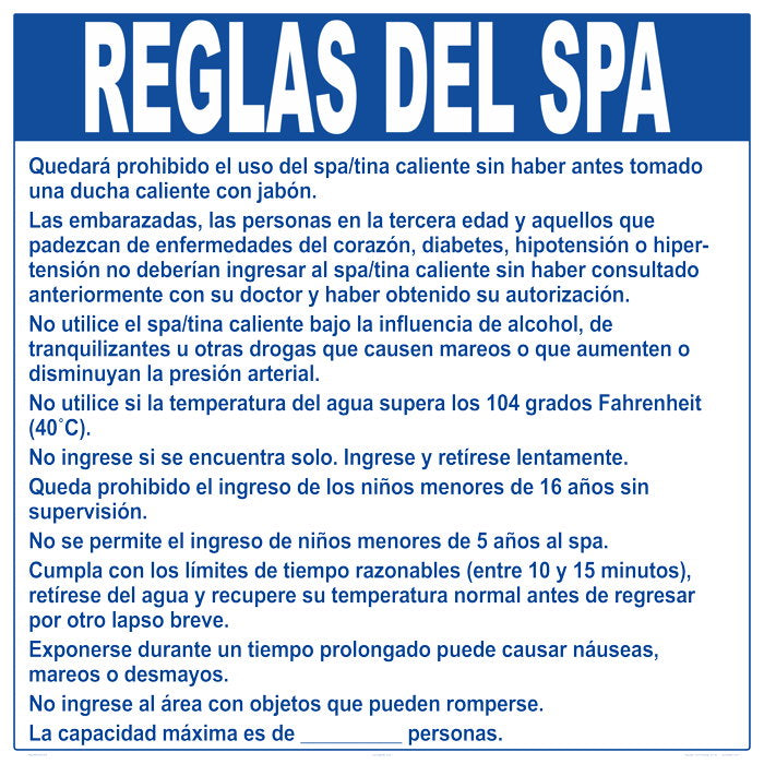 Nebraska Spa Regulations Sign in Spanish - 30 x 30 Inches on Styrene Plastic (Customize or Leave Blank)