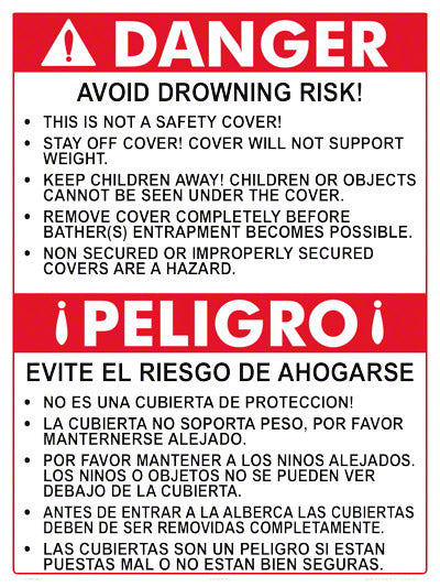 Danger Pool Cover Sign in English/Spanish - 18 x 24 Inches on Heavy-Duty Aluminum