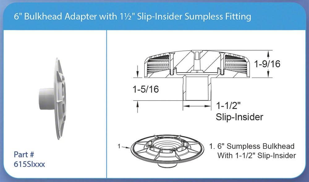 VGB 6 Inch Bulkhead Adapter Fitting - 1-1/2 Inch Slip Insider - Sumpless