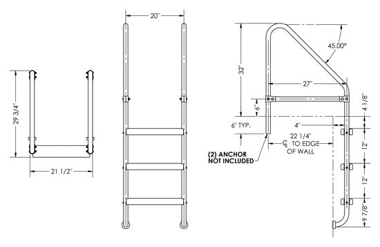 3-Step 27 Inch Wide Cross-Braced Heavy-Duty Ladder 1.50 x .083 Inch - Marine Grade