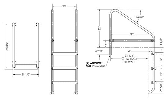 3-Step 36 Inch Wide Cross-Braced Heavy-Duty Ladder 1.50 x .109 Inch - Marine Grade