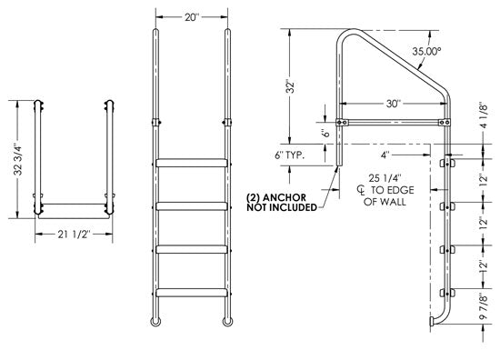 4-Step 30 Inch Wide Cross-Braced Heavy-Duty Ladder 1.50 x .083 Inch - Marine Grade