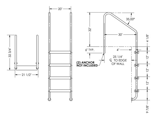 4-Step 30 Inch Wide Standard Ladder 1.50 x .120 Inch - Marine Grade