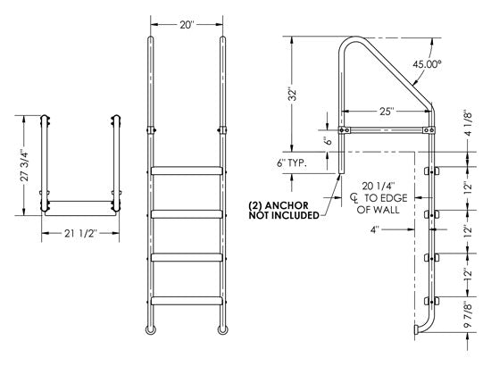 4-Step 25 Inch Wide Cross-Braced Heavy-Duty Ladder 1.50 x .083 Inch - Marine Grade